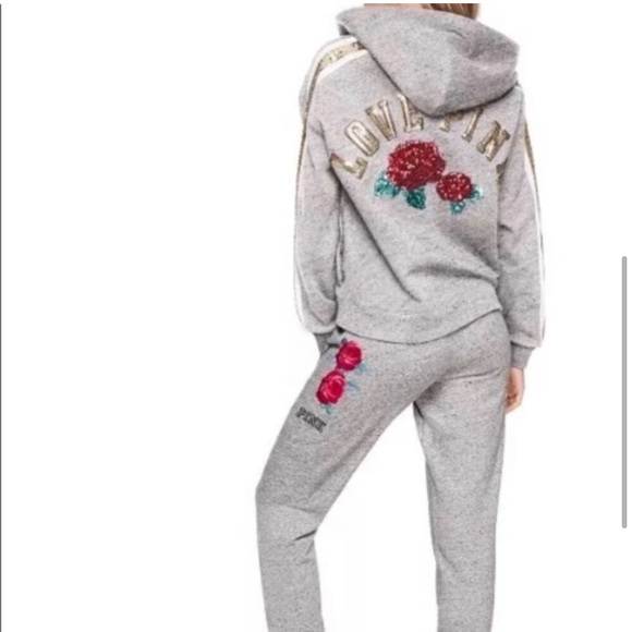PINK VS ROSES BLING HOODIE / JOGGERS OUTFIT SET LARGE - Picture 2 of 10